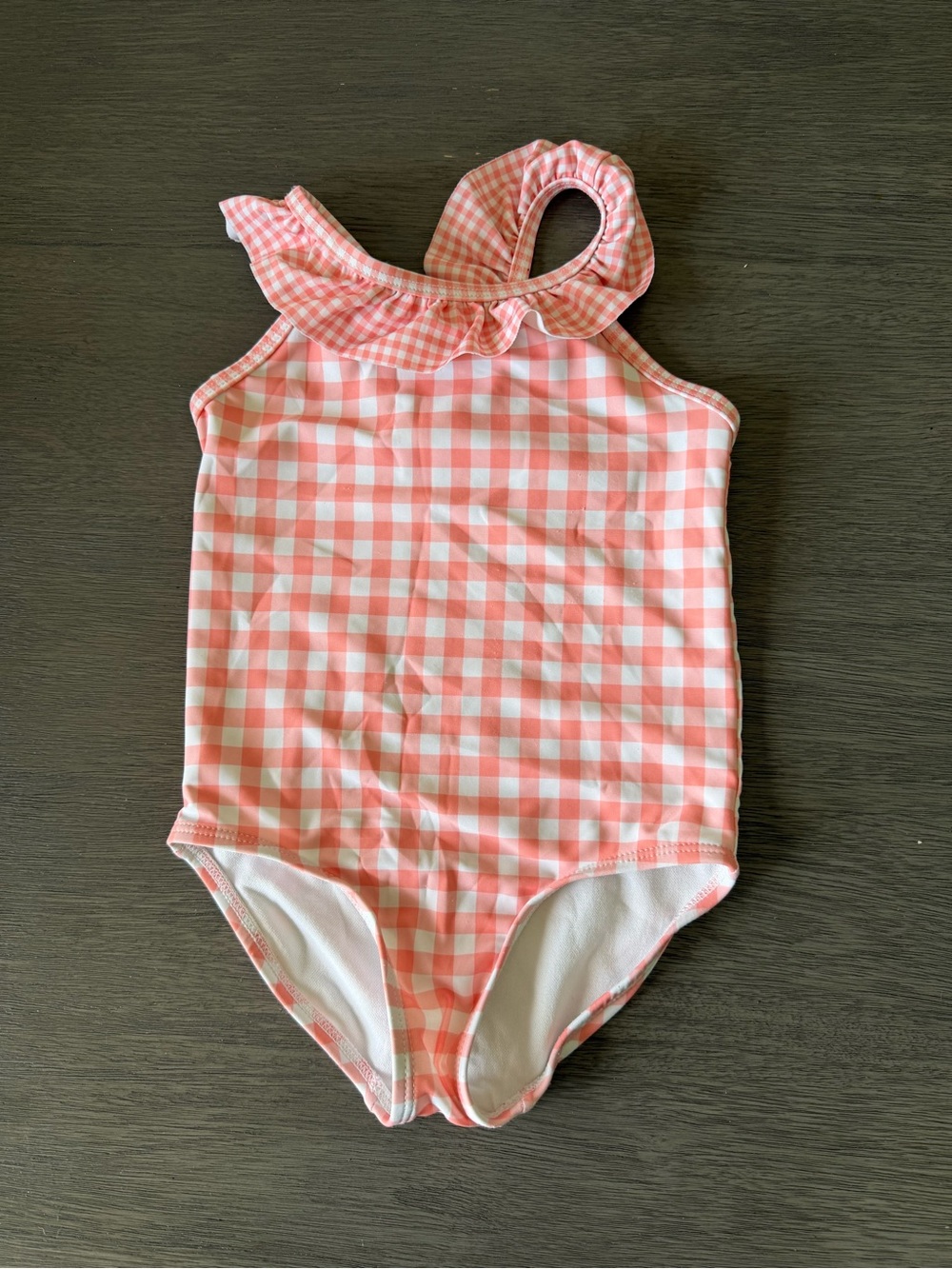 Girls Pink Gingham One-Shoulder Ruffle Swimsuit